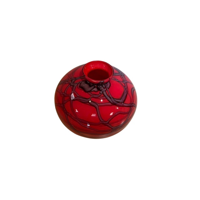 Kralik Glassworks Vintage Czech Art Deco Red Cased Glass Orb Vase With Black Web Drizzle Pattern Attributed to Kralik Glassworks For Sale - Image 4 of 12