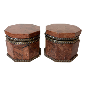 Pair Antique 19th Century Red Marble Bronze French Neoclassical Boxes / Inkwells