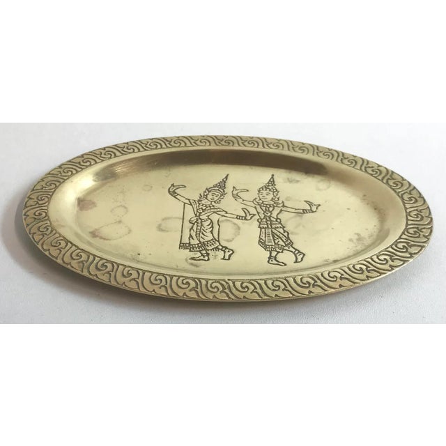 Asian Vintage Small Asian Oval Etched Brass Tray For Sale - Image 3 of 5