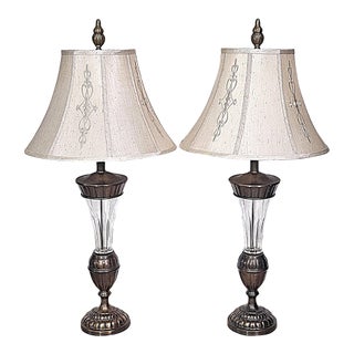Pair of Vintage Lead Crystal & Antiqued Bronze Table Lamps – Hollywood Regency For Sale