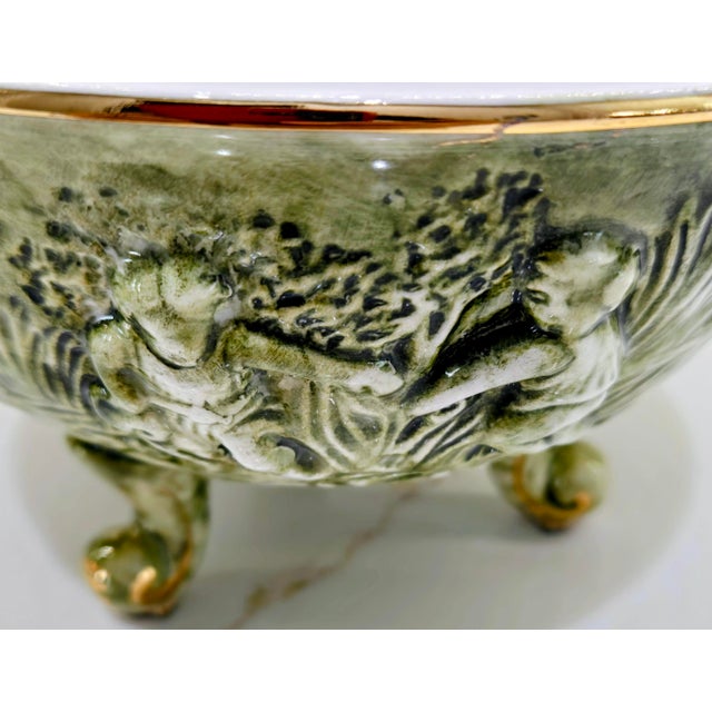 Vintage R. Capodimonte Italian Porcelain Covered Dish With Putti & Birds, Footed Green Gold Compote For Sale - Image 9 of 13