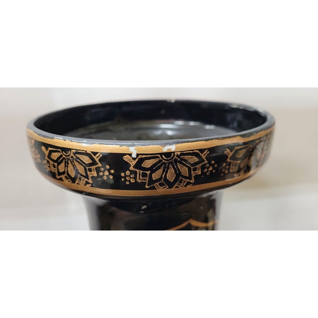 1980s Vintage Black Floor Vase Hand Painted Birds and Flowers Red Gold Asian Style For Sale - Image 5 of 8