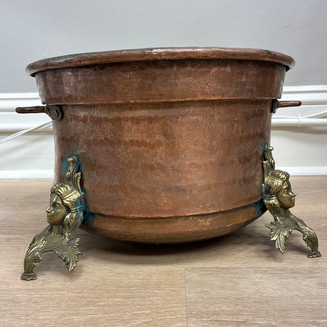 Rare Antique Copper Planter Cauldron Jardiniere With Brass Caryatids Lady Face Goddess Detail For Sale - Image 4 of 6