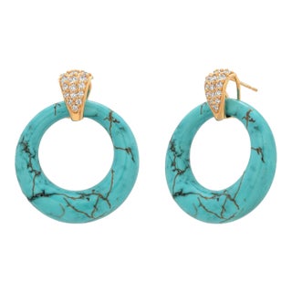14k Yellow Gold Turquoise & Black Onyx Diamond Door Knocker Earrings, A Pair For Sale