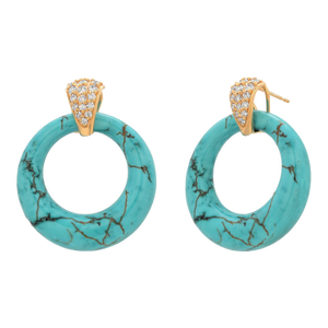 14k Yellow Gold Turquoise & Black Onyx Diamond Door Knocker Earrings, A Pair