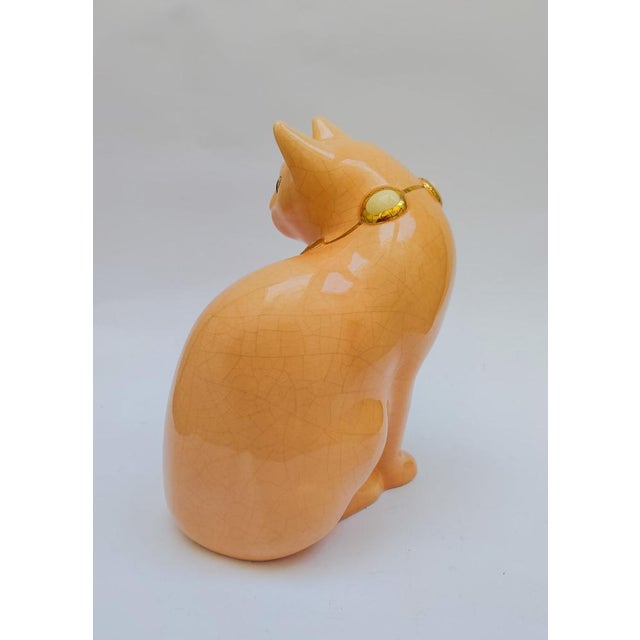 Mid-Century Modern Salmon Pink Ceramic Cat with Cabochon Necklace from Longwy, 1950s For Sale - Image 3 of 11
