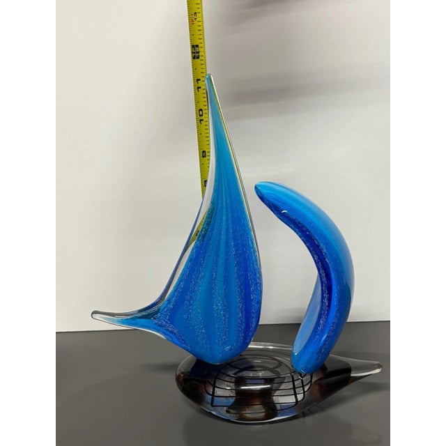 1990s Vintage Used Dale Tiffany Blue Handcrafted Art Glass Sculpture Sailboat For Sale - Image 5 of 6