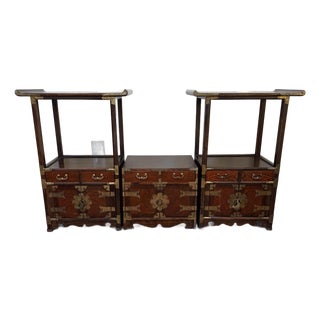 Vintage Pagoda Style Wood Display Cabinets Set, 3 Pieces For Sale