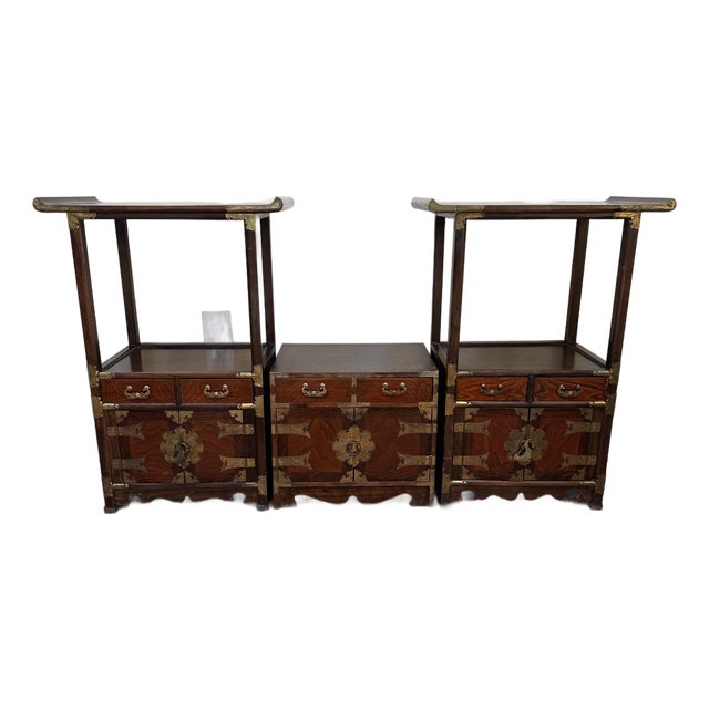 Vintage Pagoda Style Wood Display Cabinets Set, 3 Pieces For Sale