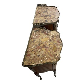 Pair of French Louis XV Style 3-Drawer Bedside / End Table With a Marble Top and Gallery Tray, 19th Century For Sale