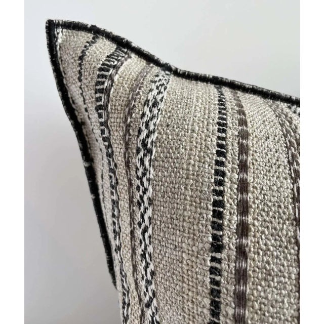Mid-Century Modern Custom Made French Linen Pillow Natural Linen With Black Embroidered Stripe For Sale - Image 3 of 8