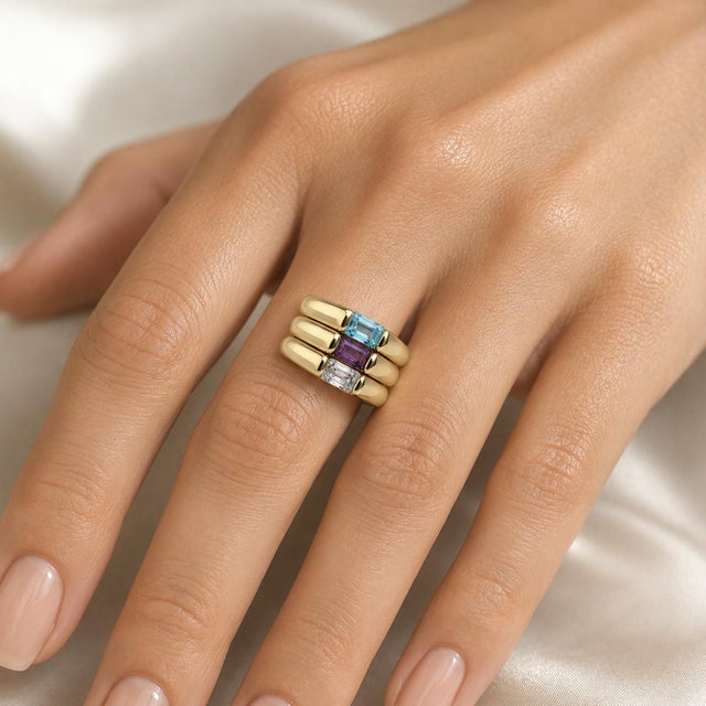 14k Yellow Gold Three Ring Set with three rectangular gemstones, Size 7 (sizable) 12.47g.
