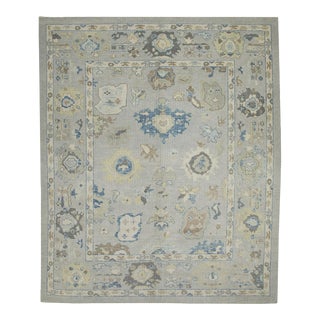 Early 21st Century Blue & Green Floral Design Handwoven Wool Turkish Oushak Rug 8'3" X 9'10" For Sale