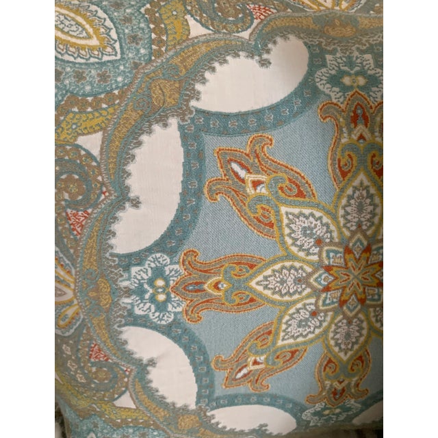 Beautiful 20” square classic medallion design pair of pillows in hues of gold and turquoise. Both come with luxurious...