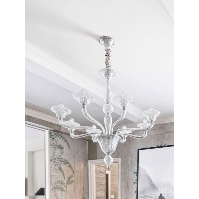 1980s Custom Contemporary Italian 8-Arm Seeded Murano Glass Chandelier With Silver Accents For Sale - Image 5 of 10