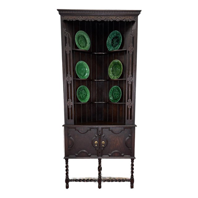 Antique English Jacobean Corner Cabinet Barley Twist Legs Oak Key Tall 1920s For Sale