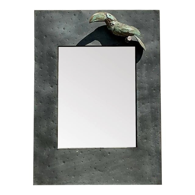 Vintage Coastal Hammered Metal Toucan Mirror For Sale