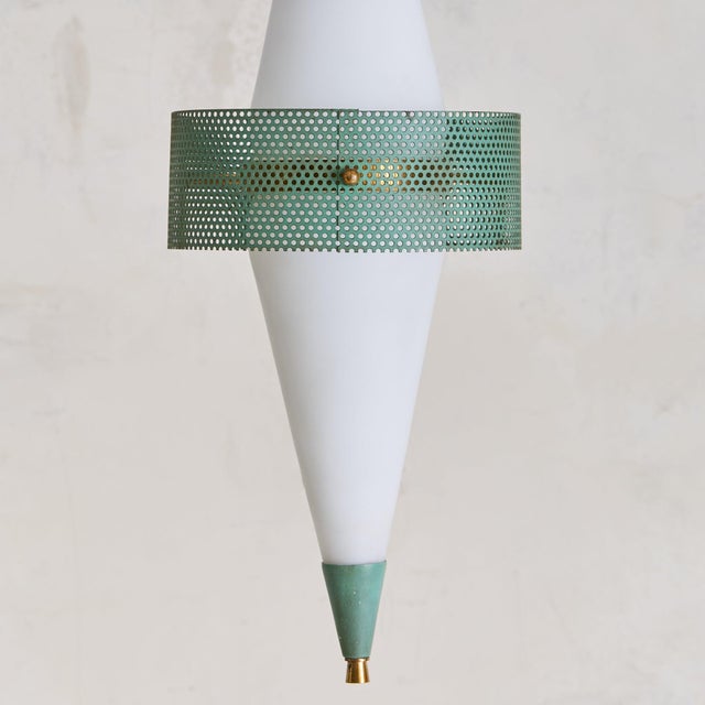 1950s Mid-Century Modern Brass + Opaline Glass Pendant in the Manner of Stilnovo For Sale In Chicago - Image 6 of 11