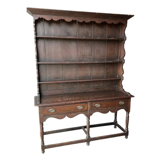 Early 19th Century American Federal Period Pine Dresser Base and Plate Rack in Original Paint For Sale