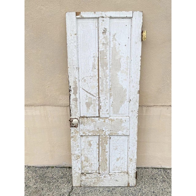 Wood Antique Architectural Salvage Gray White Distress Painted Wooden Interior Door For Sale - Image 7 of 12