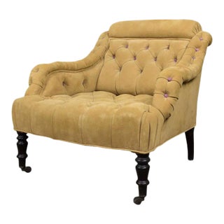 French 19th Century Tufted Suede Armchair With Purple Buttons For Sale