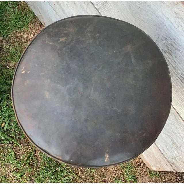 French Vintage French Industrial Adjustable Stool | 1930s Iron Swivel Stool With Black Leather Seat For Sale - Image 3 of 5