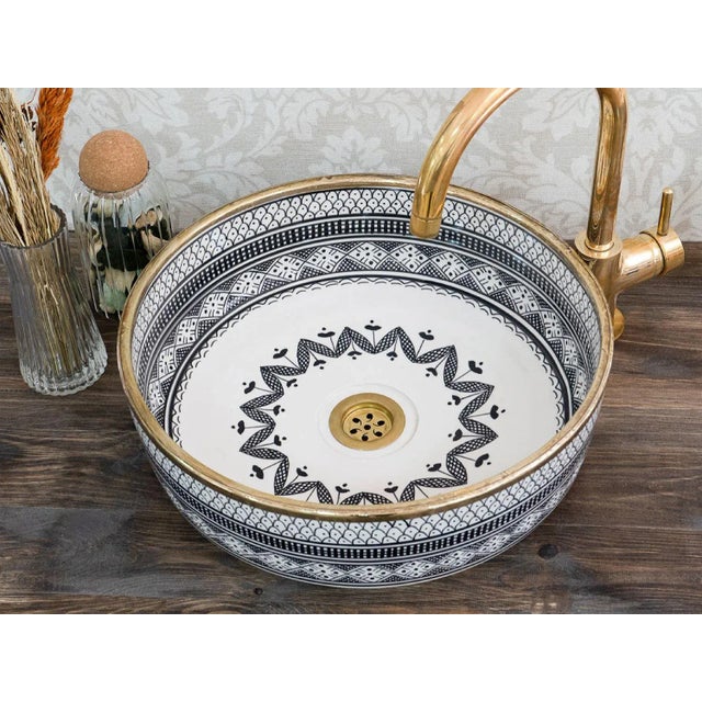 2020s Ceramic Sink for Bathroom Brass Rim Vanity Sink Moroccan Handmade For Sale - Image 5 of 5