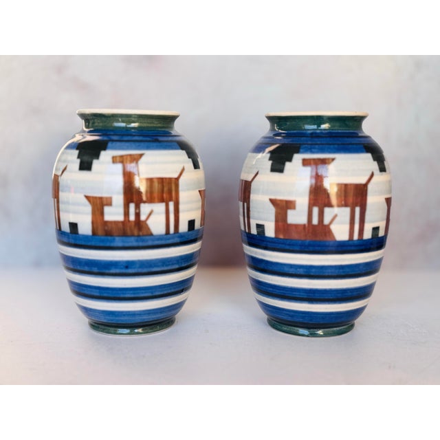 Art Deco 1930s Bunzlau Art Deco Gazelle Vases, Pair — Hand-Painted Stoneware, Made in Germany For Sale - Image 3 of 12
