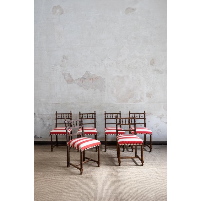 20th Century Wooden Chairs with Striped Seats, 1950s, Set of 6 For Sale - Image 6 of 6