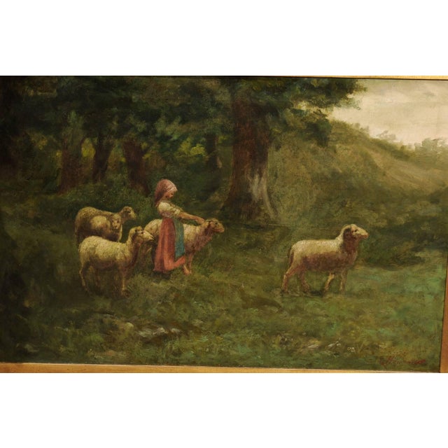 Large Antique Oil Painting of Sheep and Shepherdess in Antique Giltwood Frame For Sale In Atlanta - Image 6 of 10