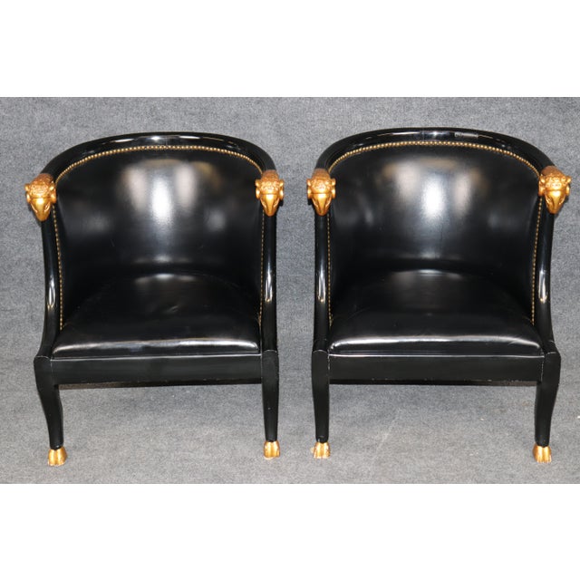 20th C Pair French Directoire Style Ebonized and Gilt Ramshead Club Chairs For Sale - Image 4 of 13