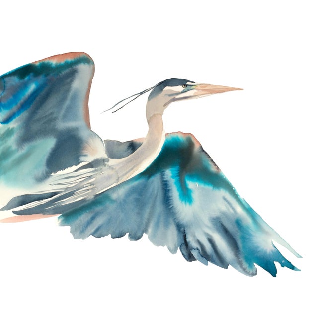 "Heron No. 28" Contemporary Original Watercolor Flying Bird Painting by Elizabeth Becker For Sale