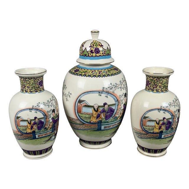 Oriental Vases in Japanese Polychrome Ceramic, Set of 3 For Sale