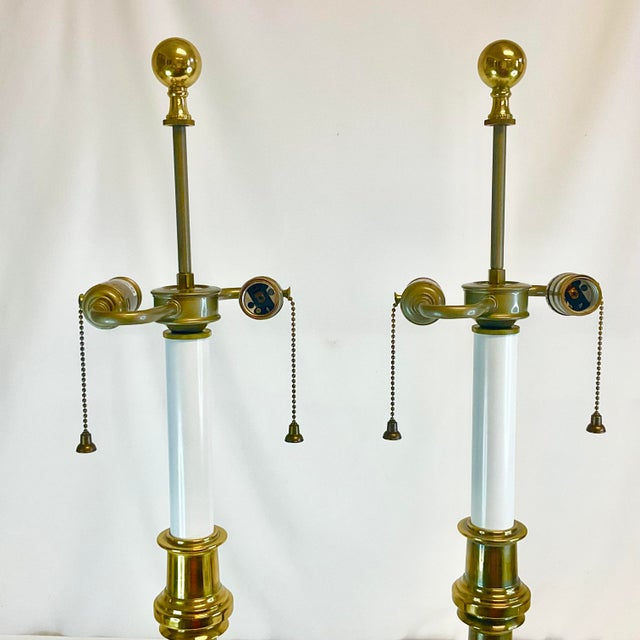 Stiffel 1970s Hollywood Regency Boho Chic Stiffel Brass Candle Stick Style Table Lamps - A Pair, Dual Sockets For Sale - Image 4 of 12