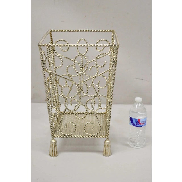 Vintage Italian Hollywood Regency Silver Scrolling Iron Tassel Wastebasket Storage Décor. Item features quality wrought...