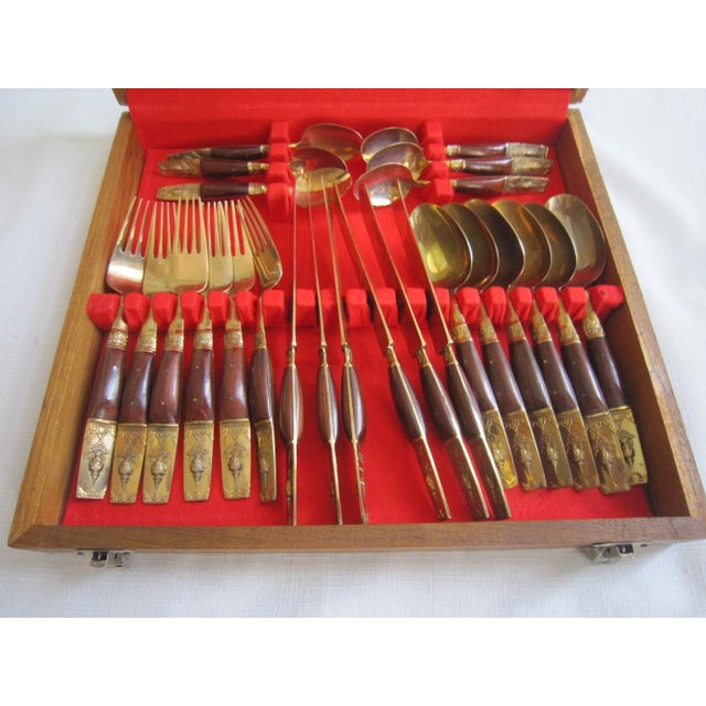 Asian Antique Vintage Siam Thai Brass and Rosewood Flatware Set, Service for 6 For Sale - Image 3 of 6