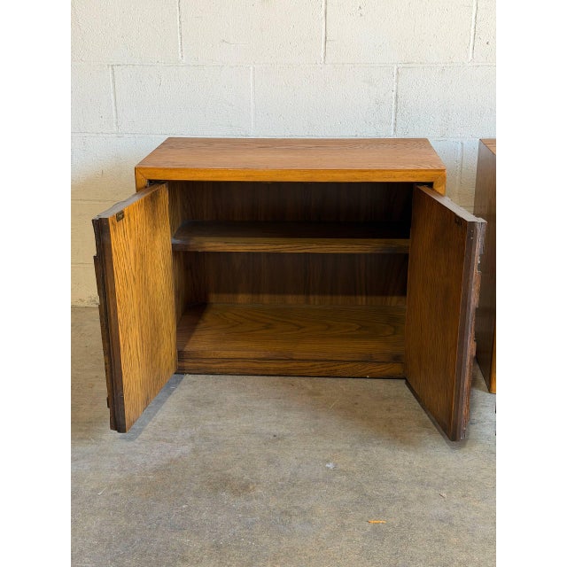 Lane Brutalist Oak Nightstands Set of 2 Wooden Bedroom Storage End Tables 1970s For Sale In Los Angeles - Image 6 of 11