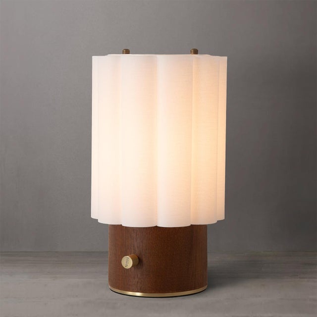 Scalloped Accent Table Lamp - Walnut, Weathered Brass, White Linen, Diffuser, Dimmer For Sale - Image 4 of 8