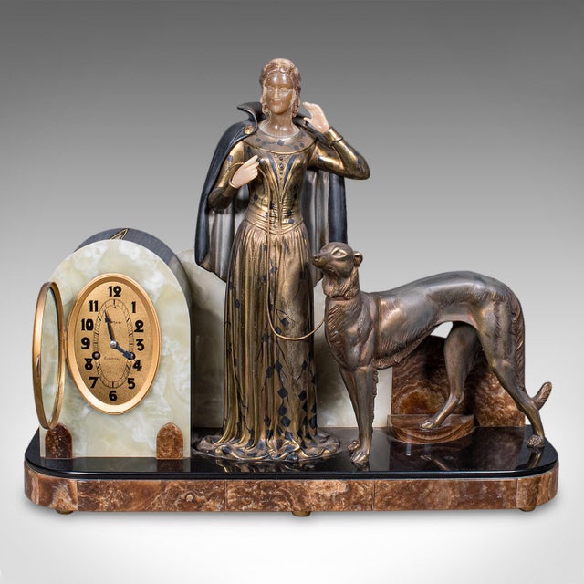 Art Deco Large Vintage Figural Mantle Clock, French, Onyx, Pair of Garnitures, Art Deco For Sale - Image 3 of 12