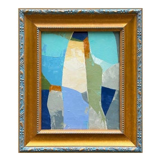 Contemporary Blue Abstract Oil Painting in Vintage Frame For Sale