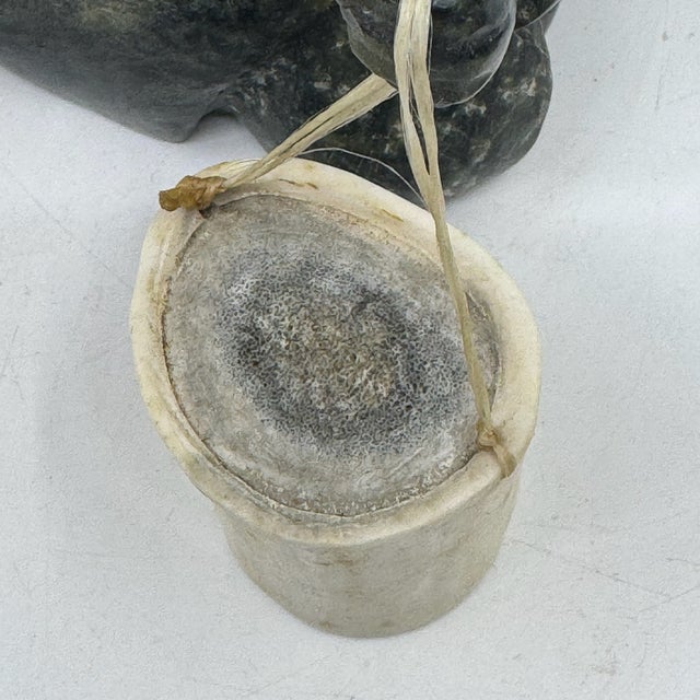 2000 - 2009 Vintage Hand Carved Signed Inuit Serpentine Hooded Figure Sculpture With Bucket For Sale - Image 5 of 10