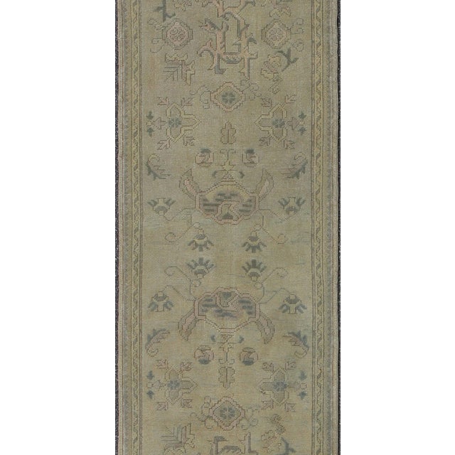 Antique Turkish Oushak Runner With All-Over Design With Green and Blue Accents For Sale - Image 4 of 6