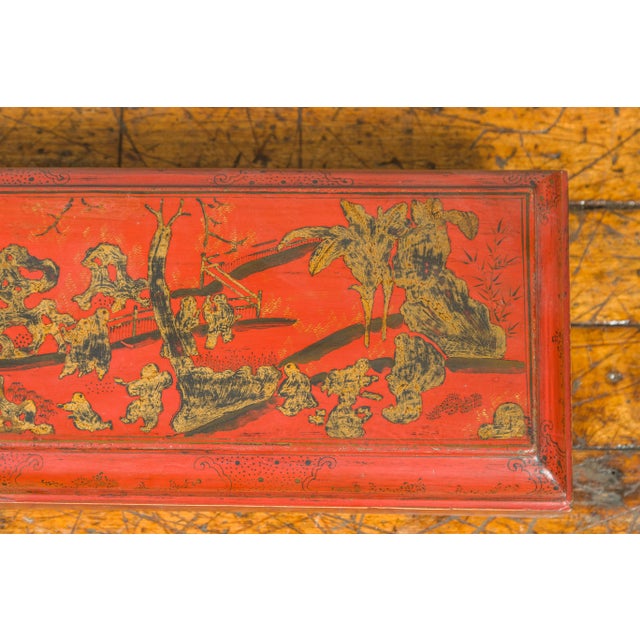 Chinese Qing Dynasty Red Lacquered Scroll Box with Distressed Gold Chinoiserie For Sale - Image 12 of 13