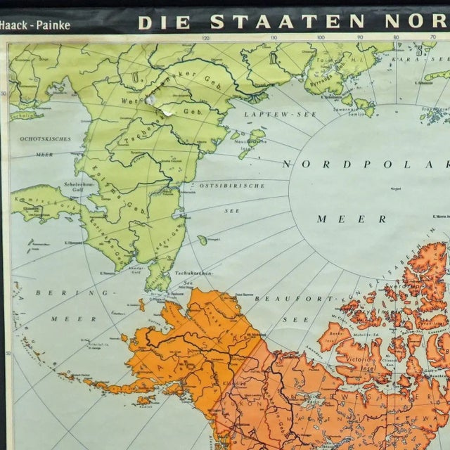 The vintage pull-down school map illustrates the countries / states of North America. Published by Haack-Painke Justus...