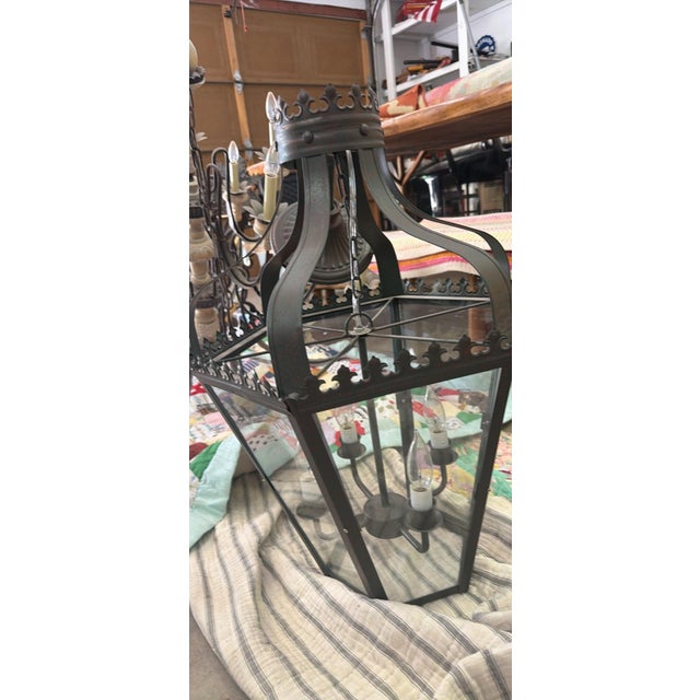 2010s Vintage-Inspired Black Iron Lantern Chandelier For Sale - Image 5 of 7