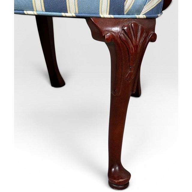 Pair of Vintage Upholstered Queen Anne Style Striped Armchairs With Shell Carving For Sale - Image 12 of 17