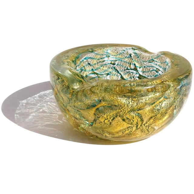 Barovier & Toso Barovier Toso Murano Vintage Gold Leaf Emerald Green Swirl Italian Art Glass Chunky Ashtray Bowl For Sale - Image 4 of 7