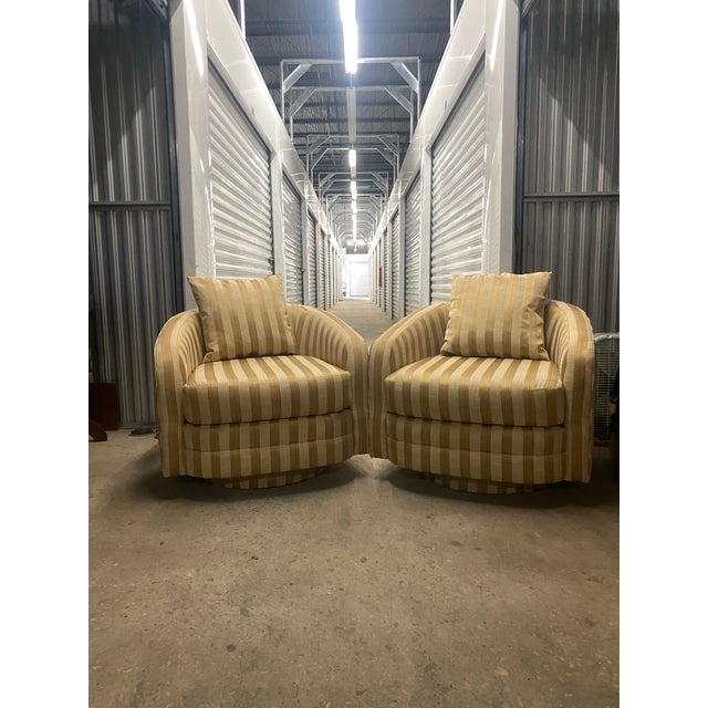 Brass Vintage Mid-Century Modern Swivel 80s Barrel Lounge Chairs Attributed Milo Baughman Set of Two . For Sale - Image 8 of 12