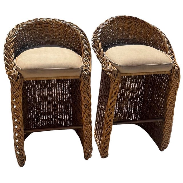 Pair Vintage Braided Rattan Counter Height Bar Stools For Sale - Image 4 of 9
