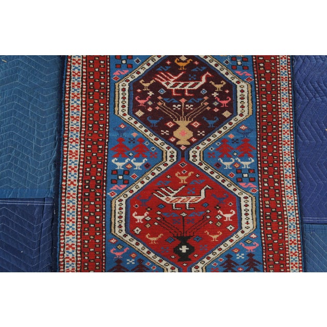 Sky Blue Hand Knotted Wool Geometric Diamond Medallion Tribal Animal Rug Runner 3' X 12' For Sale - Image 8 of 14